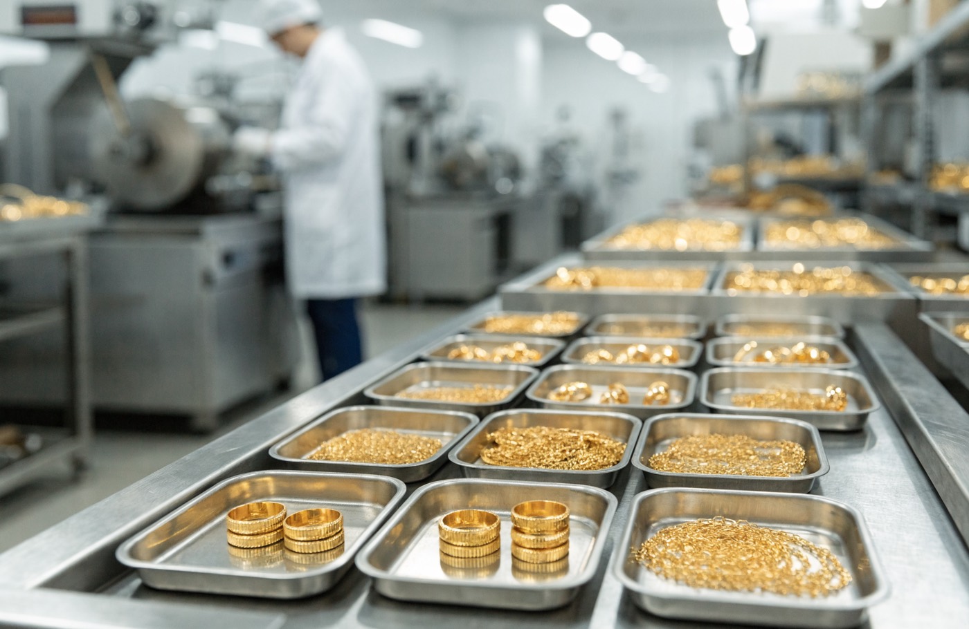 Perhiasan emas hasil produksi di fasilitas manufaktur